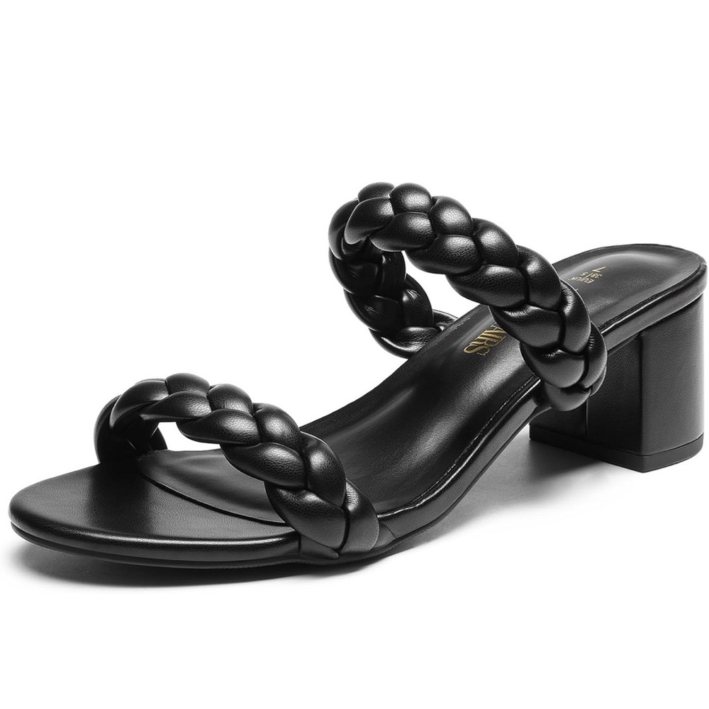 Braided Double-Strap Black Block Heel Sandal